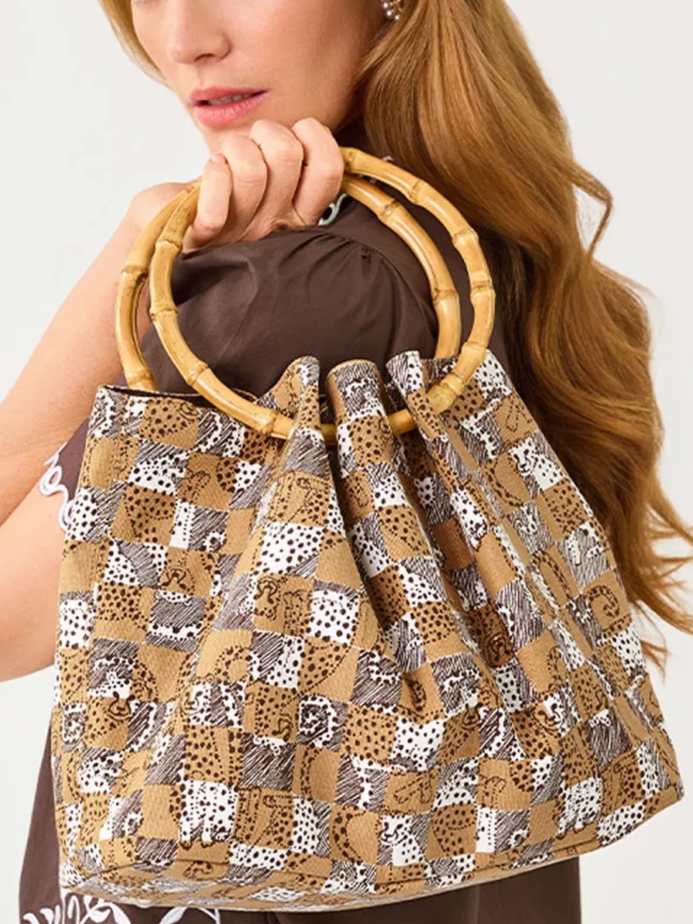 NWT Lilly Pulitzer Bamboo Bag Iced Latte Lil Cheetah Checks - Picture 3 of 16